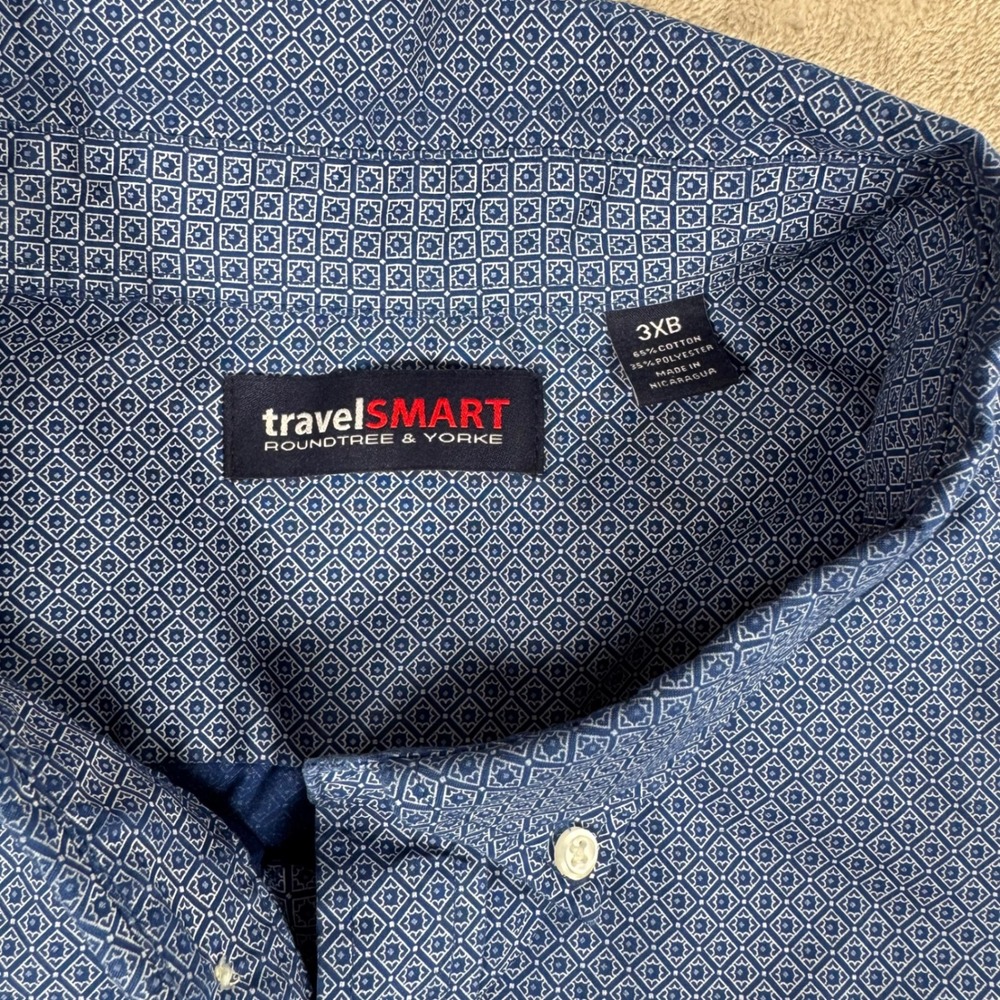 Roundtree & Yorke TravelSmart Button Down 3XB Blue Geometric Long Sleeve Shirt - Picture 5 of 6